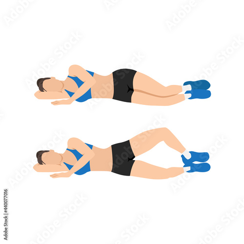 Woman doing Clamshells. Clams exercise. Flat vector illustration isolated on white background