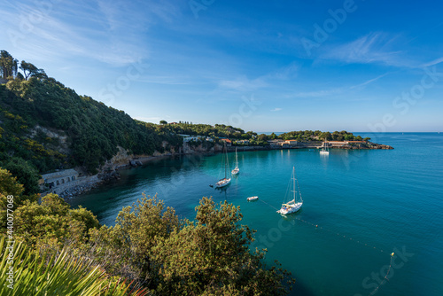 Beautiful bay and seascape in the Gulf of La Spezia in front of the Lerici town with the headland called Maralunga. Natural Landmark in Liguria region, Italy, southern Europe.