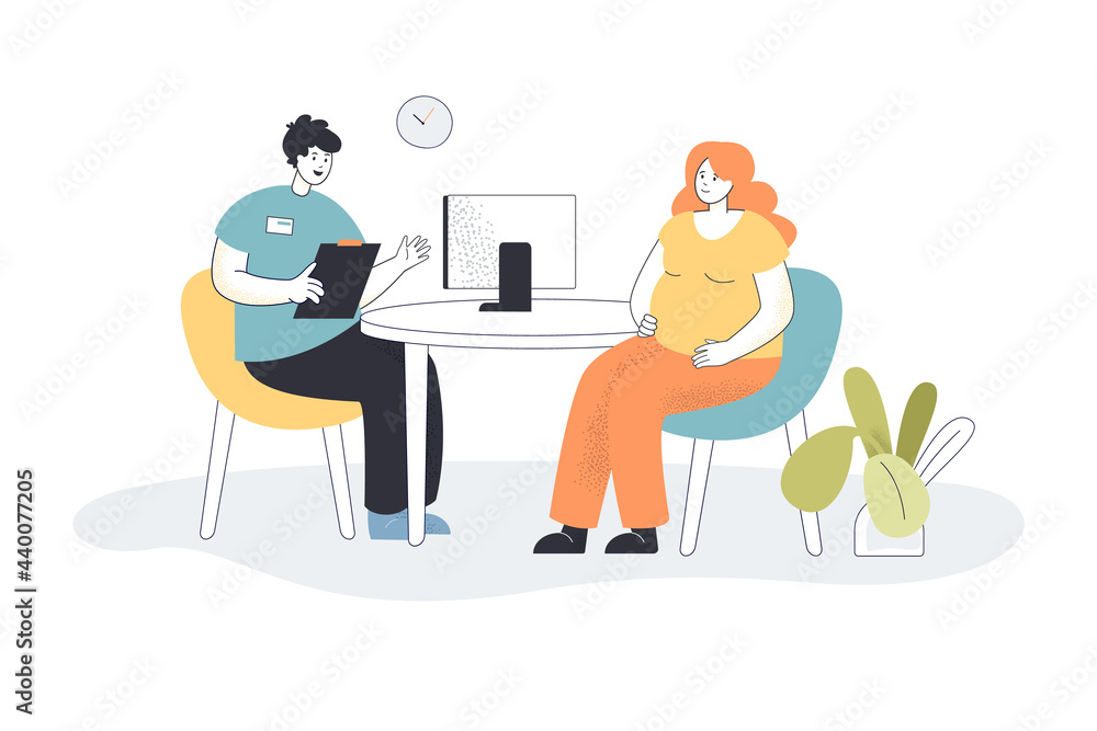 Doctor consulting pregnant woman in office. Gynecologist talking to female patient at hospital flat vector illustration. Pregnancy, medicine concept for banner, website design or landing web page Doctor consulting pregnant woman in office. Gynecologist talking to female patient at hospital flat vector illustration. Pregnancy, medicine concept for banner, website design or landing web page