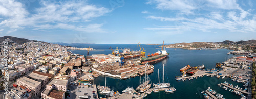 Syros island, Hermoupolis cityscape panorama aerial drone view. Greece,  Cyclades. photo