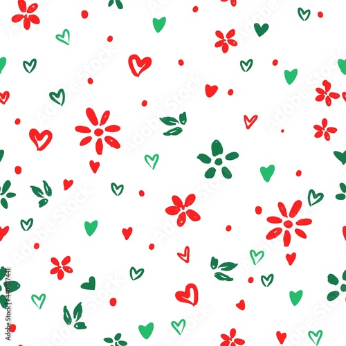 Flowers and heart sketch pattern seamless, background ornament vector, floral print