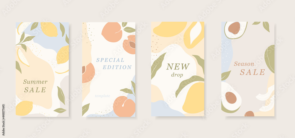 Set of abstract vector backgrounds with copy space for text. Simple shapes of fruits. Trendy stories wallpapers in pastel colors. Summer sale banners set.