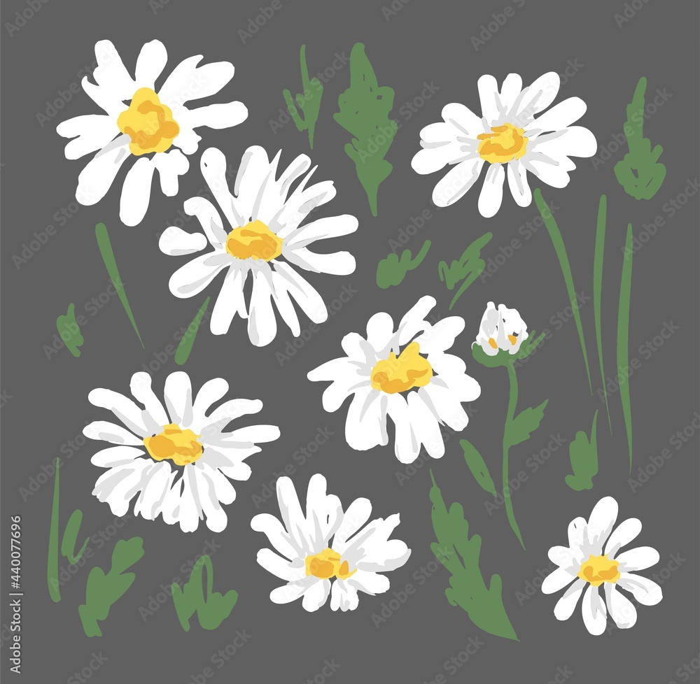 Sketch flowers cute Camomile on a blue background. Seamless Pattern with daisy. Chamomile Vector Trend Summer Print for textile Sketch flowers cute Camomile on a blue background. Seamless Pattern with daisy. Chamomile Vector Trend Summer Print for textile