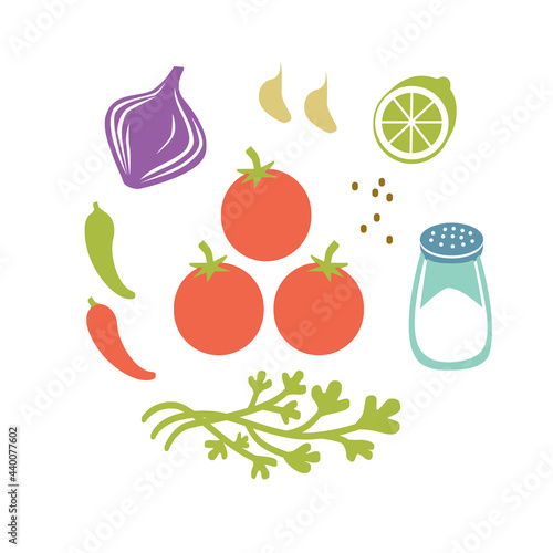 Fresh raw ingredients for salsa or pico de gallo. Round vector illustration isolated on white.