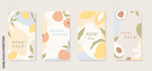 Set of abstract vector backgrounds with copy space for text. Simple shapes of fruits. Trendy stories wallpapers in pastel colors. Summer sale banners set.