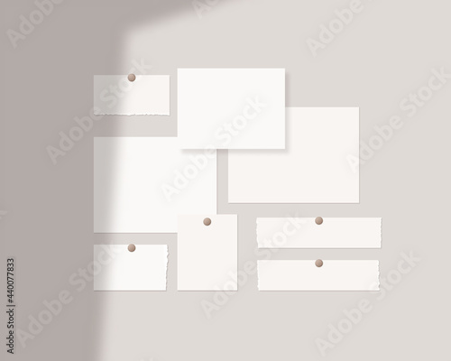 Mood board mockup template. Empty sheets of white paper on the wall with shadow overlay. Mockup vector isolated. Template design. Realistic vector illustration.