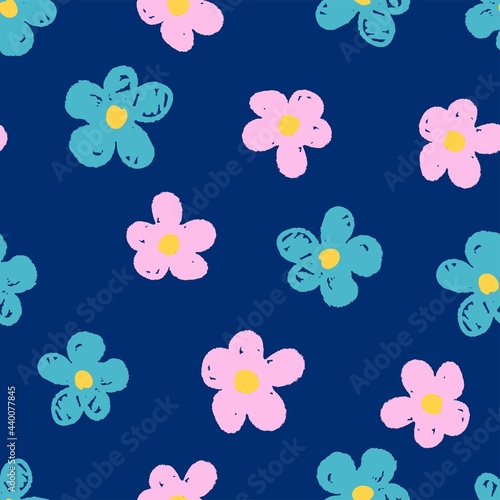 Flowers background print for textile. The drawn small flowers beautiful illustration for the fabric. Design ornament pattern seamless. Vector