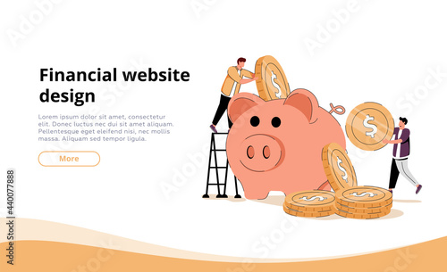 Two investors putting coins in piggybank. Bank, money, income flat vector illustration. Finance and investment concept