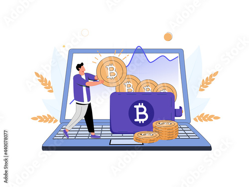 Woman putting golden crypto coin into purse on laptop computer. Concept of personal Bitcoin wallet for cryptocurrency.