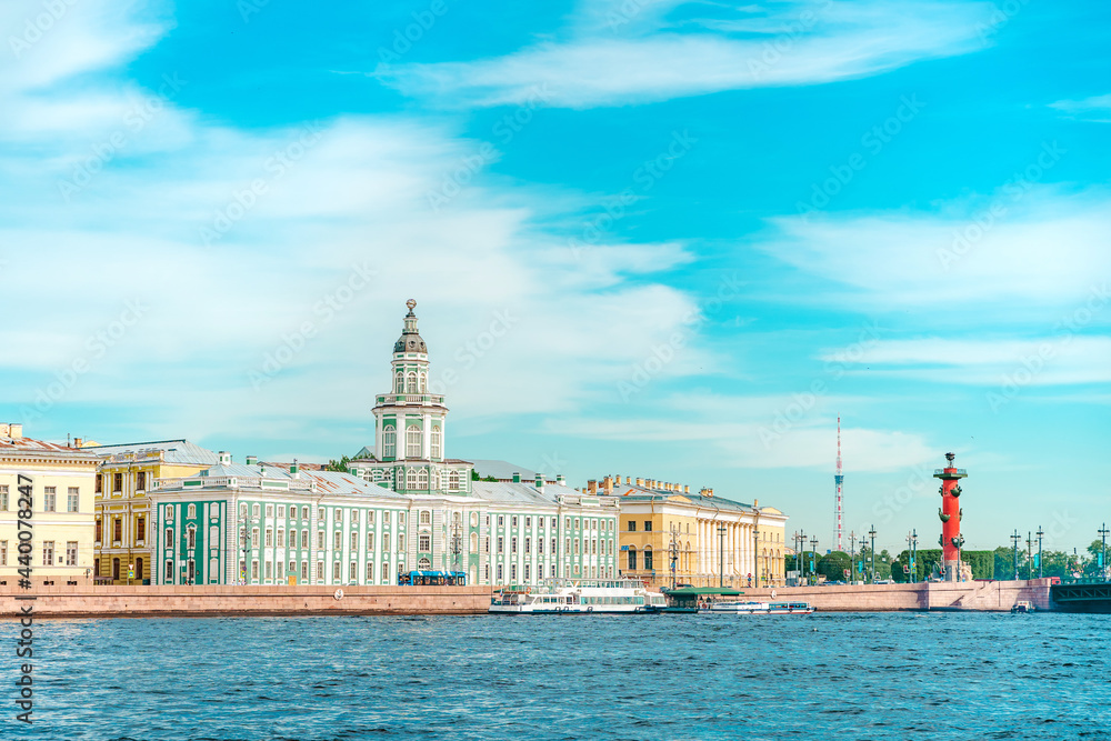Naklejka premium The building of the Kunstkamera Museum with the embankment in St. Petersburg in the summer