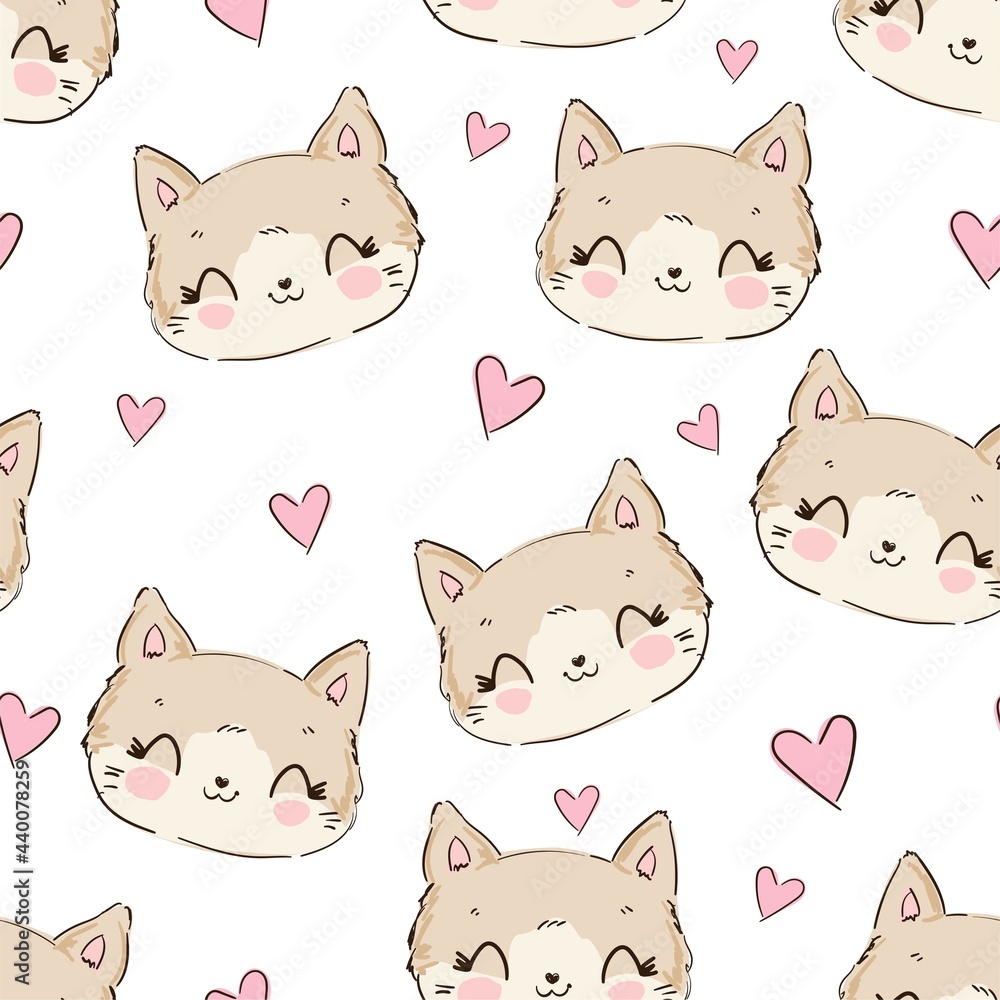 Cute Cat and heart vector Sketch Seamless pattern, print design Kitty, children print on t-shirt.