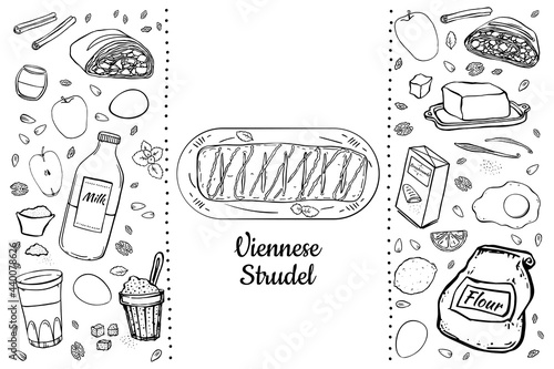 Illustration set of items for making Viennese traditional strudel.