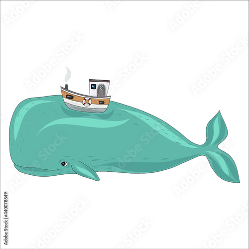 A large blue whale with a boat on its back. Fabulous vector illustration. Keith hipster, tropical fantasy