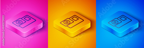 Isometric line Action extreme camera icon isolated on pink and orange, blue background. Video camera equipment for filming extreme sports. Square button. Vector