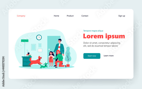 Dogs welcoming family in apartment. Parents and kid coming home to pets. Flat vector illustration. Domestic animals keeping, lifestyle concept for banner, website design or landing web page