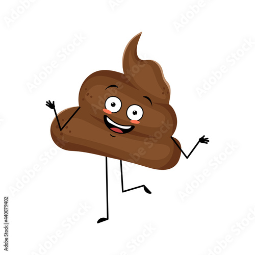 Cute shit character with emotions dancing, smile face, arms and legs. The funny, happy or smile hero, joyful turd with eyes. Vector flat illustration