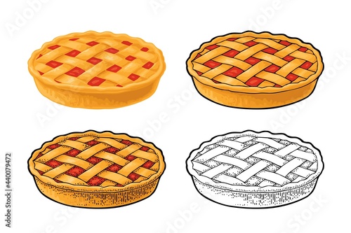 Whole homemade fruit pie. Vector color realistic illustration