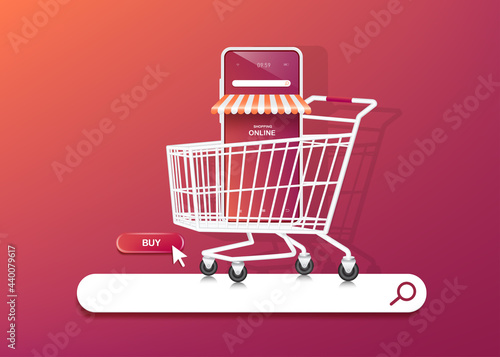 smartphone shop in shopping cart and the shopping cart is on the web searcher tab icon. and there is a buy icon next to it for shopping online concept,vector 3d on purple orange background