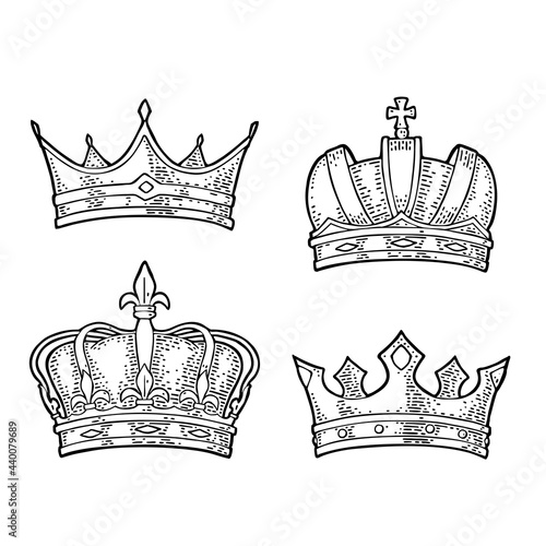 Three different king crowns. Engraving vintage vector black illustration.