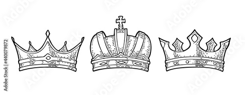 Three different king crowns. Engraving vintage vector black illustration.