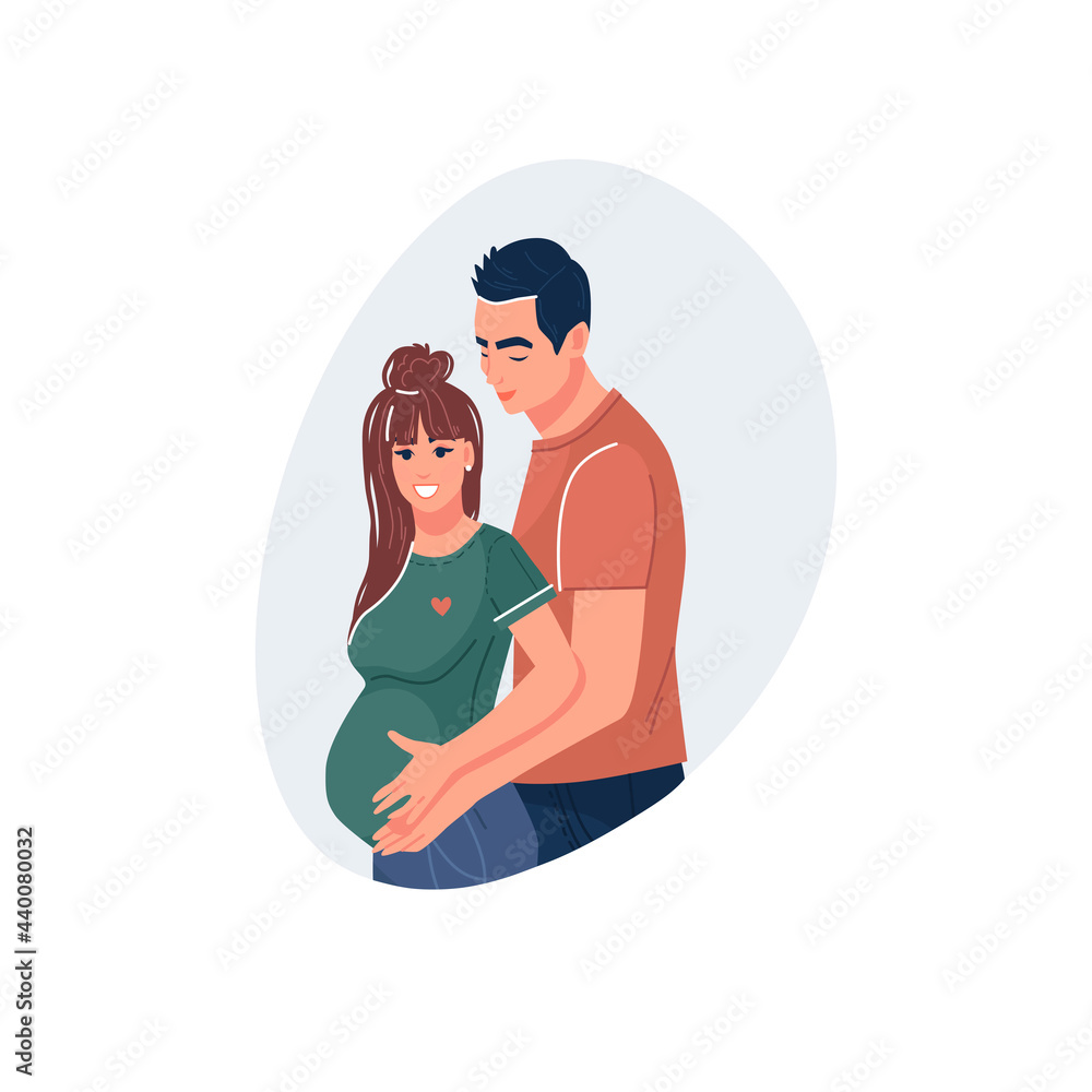 A young couple is expecting a baby. Pregnant woman with a big belly and her hugging husband. Happy pregnancy. Future parents, family, motherhood, fatherhood. Vector illustration. Flat cartoon style A young couple is expecting a baby. Pregnant woman with a big belly and her hugging husband. Happy pregnancy. Future parents, family, motherhood, fatherhood. Vector illustration. Flat cartoon style