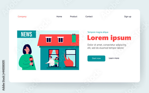 Newscaster reporting about building fire. People in danger, flame in window, reporter. Flat vector illustration. Broadcasting, accident concept for banner, website design or landing web page