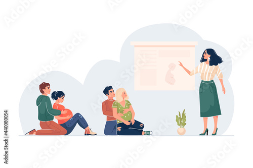 Stage courses for pregnant women. Image of married couples listening to a lecture. Vector illustration. Isolated on a white background. Flat cartoon style.