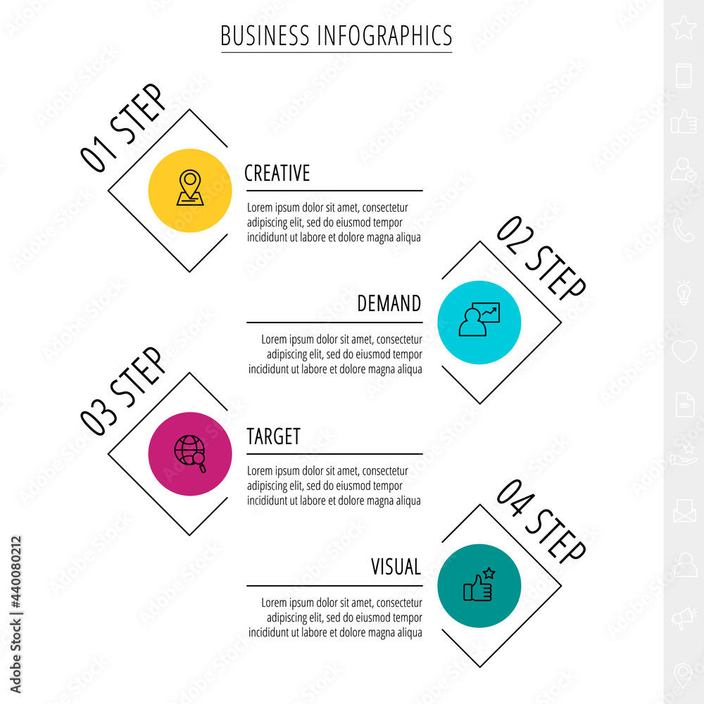 Thin line vector infographics with four circles and labels. Timeline template with 4 steps for the app, business, website, interface, chart, levels, web, diagram, banner, presentations Thin line vector infographics with four circles and labels. Timeline template with 4 steps for the app, business, website, interface, chart, levels, web, diagram, banner, presentations