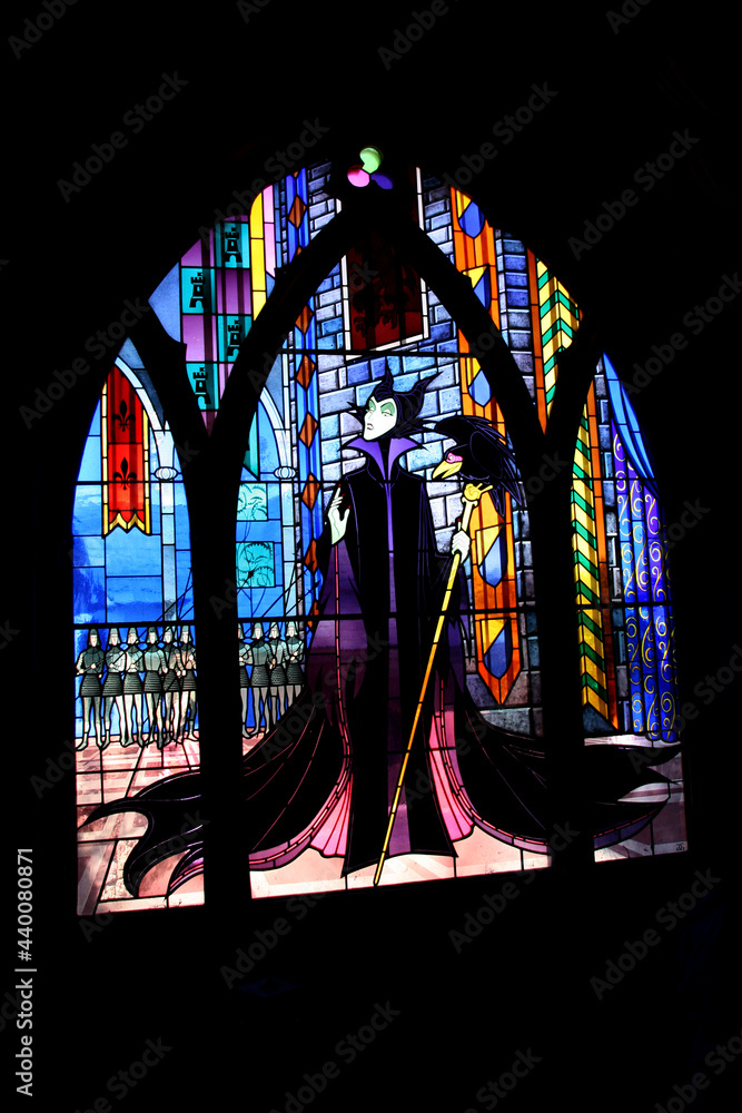 Disney Sleeping beauty stain glass window. Stock Illustration by