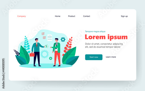 Business partners closing contract. Agreement, payment, deal. Flat vector illustration. Partnership, business meeting concept for banner, website design or landing web page