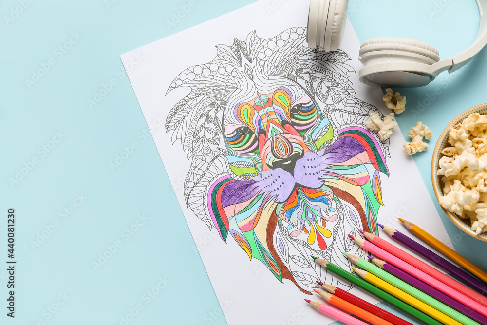 Composition with coloring picture on table