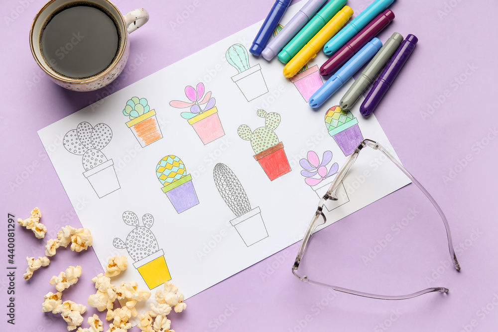 Composition with coloring picture on table Composition with coloring picture on table