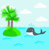 Illustration of a tropical island with trees and whale