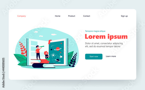 Tiny kids exploring universe with help of book. Adventure, planet, star flat vector illustration. Reading and education concept for banner, website design or landing web page