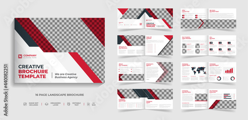 Bifold 16 page corporate modern landscape brochure template & annual report design with red and black creative shape