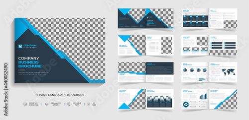 Corporate modern bi fold landscape brochure template and company profile with blue and black creative shapes annual report design ,Multipurpose template