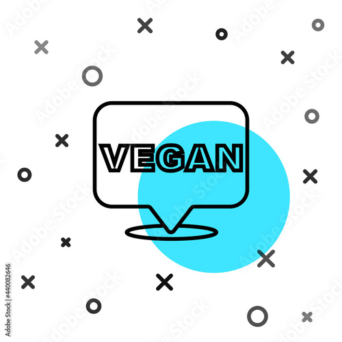 Black line Vegan food diet icon isolated Black line background. Organic, bio, eco symbol. Vegan, no meat, lactose free, healthy, fresh and nonviolent food. Random dynamic shapes. Vector