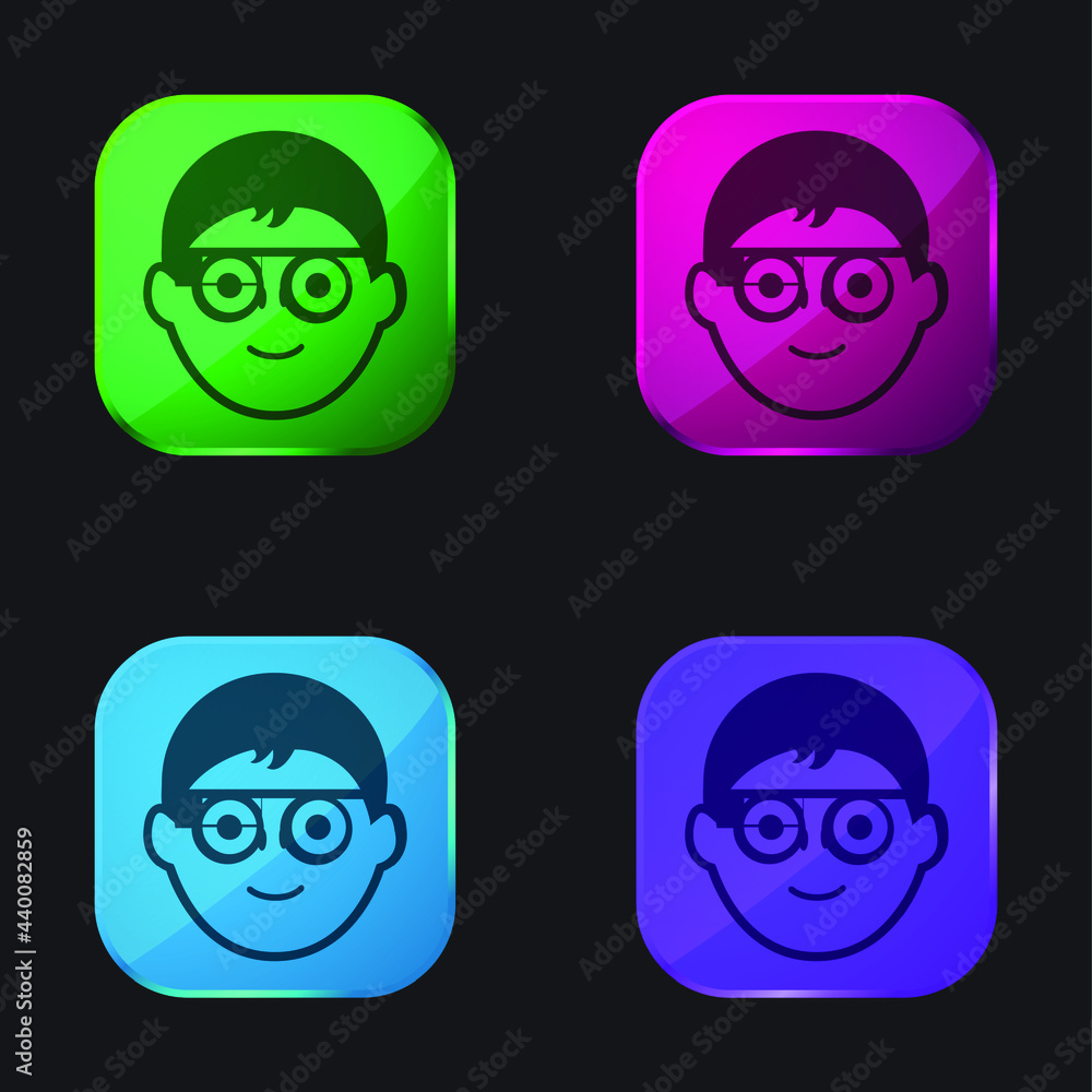 Boy Face With Circular Eyeglasses And Google Glasses four color glass button icon