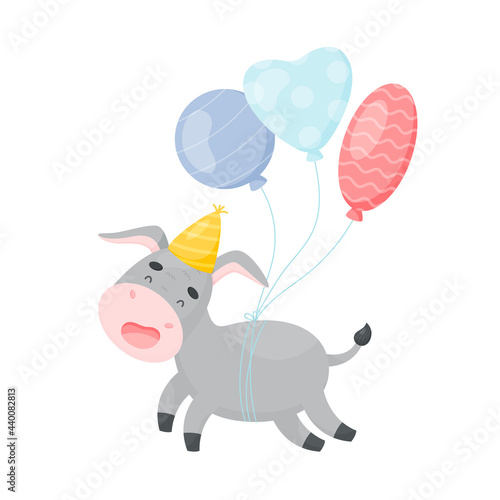 Cute cartoon donkey character with air balloons. Birthday card. vector illustration