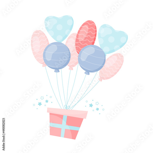 Giftbox flying on air balloons. Birthday card. vector illustration