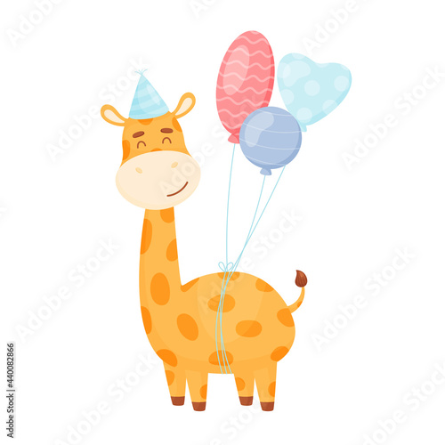 Cute cartoon giraffe character with air balloons. Birthday card. vector illustration