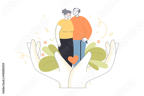 Giant hands holding elderly couple. Senior man and woman, medical care for old patients flat vector illustration. Health, family, reconciliation concept for banner, website design or landing web page