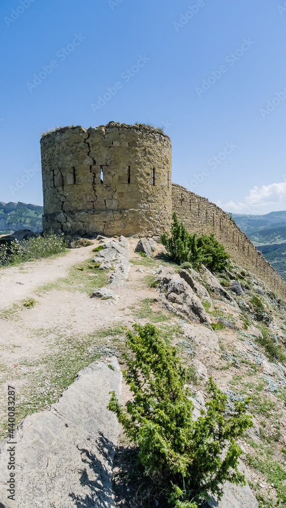 Gunibsky fortress. Protective wall and gates of Gunib. Russia, Republic of Dagestan.