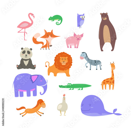 Set of Cute cartoon wild and farm domestic animals and birds isolated on white transparent background. Vector flat design children illustration. Side view. Farm domestic animals drawings. Side view © Alisa