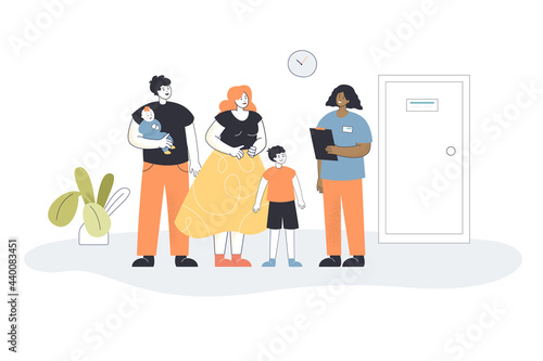 Young family with kids visiting pediatrician office. Father, mother and children consulting doctor flat vector illustration. Family, medicine concept for banner, website design or landing web page