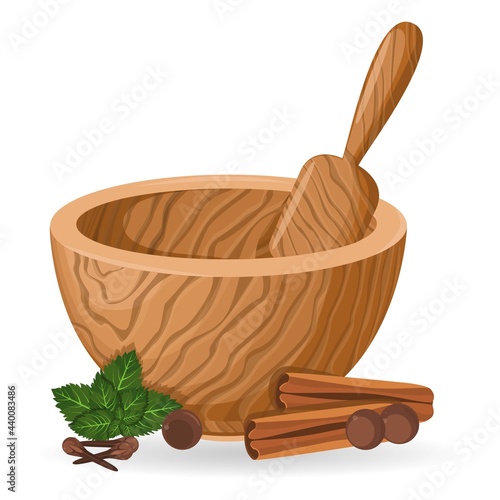 A wooden mortar and pestle. Tool for grinding and kneading.  Kitchen. Cooking. Health & Medicine. Vector. Close-up.