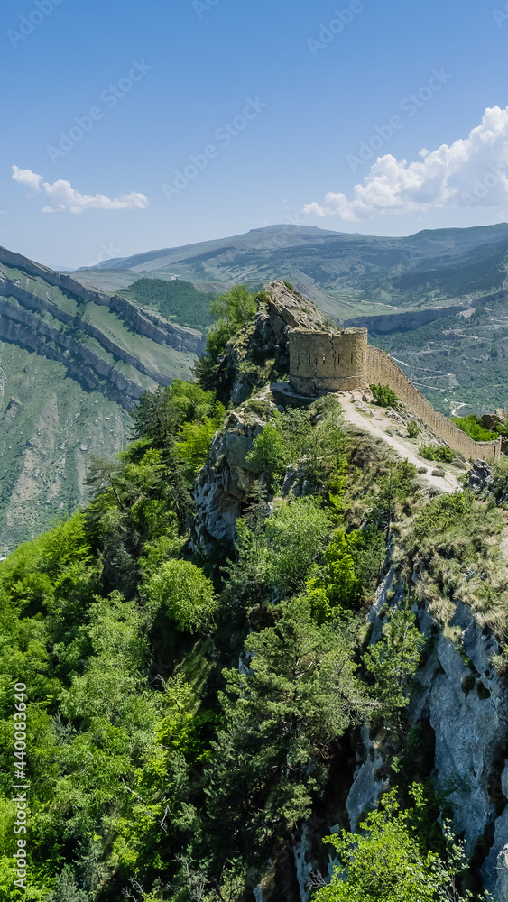 Gunibsky fortress. Protective wall and gates of Gunib. Russia, Republic of Dagestan.