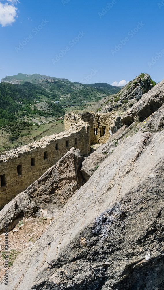 Gunibsky fortress. Protective wall and gates of Gunib. Russia, Republic of Dagestan.