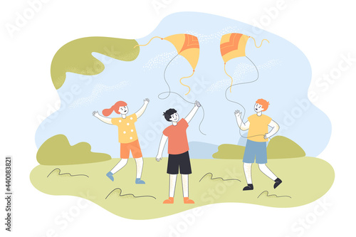 Kids flying kites outside. Boys playing with air or wind toys on string on walk flat vector illustration. Outdoor activity or games  childhood concept for banner  website design or landing web page