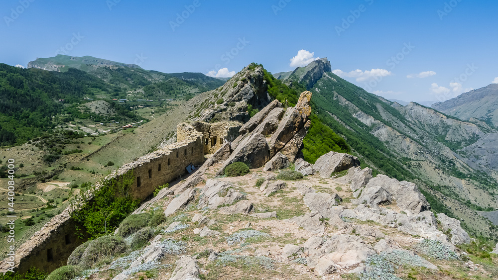 Gunibsky fortress. Protective wall and gates of Gunib. Russia, Republic of Dagestan.